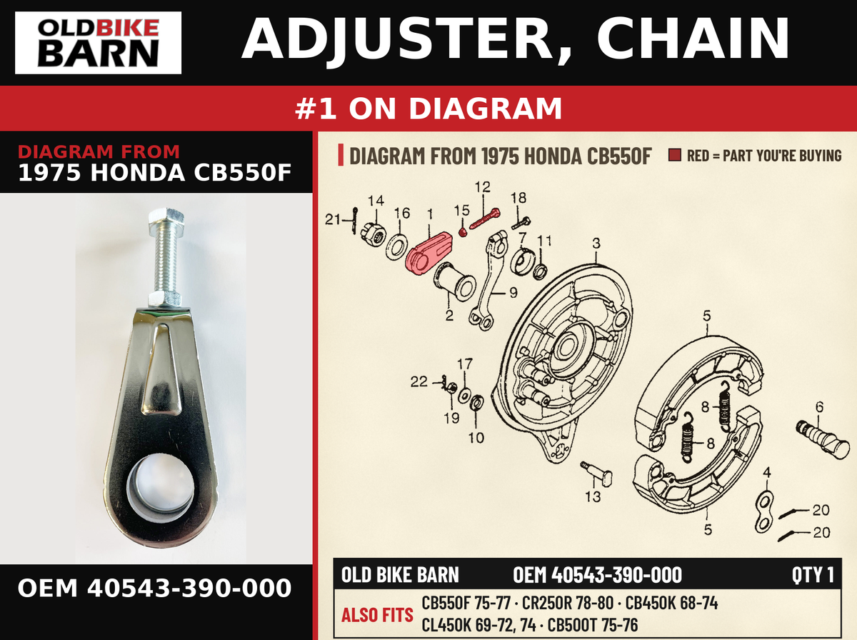 ADJUSTER, CHAIN OEM 40543-390-000 diagram #1 from 1975 HONDA CB550F | Old Bike Barn