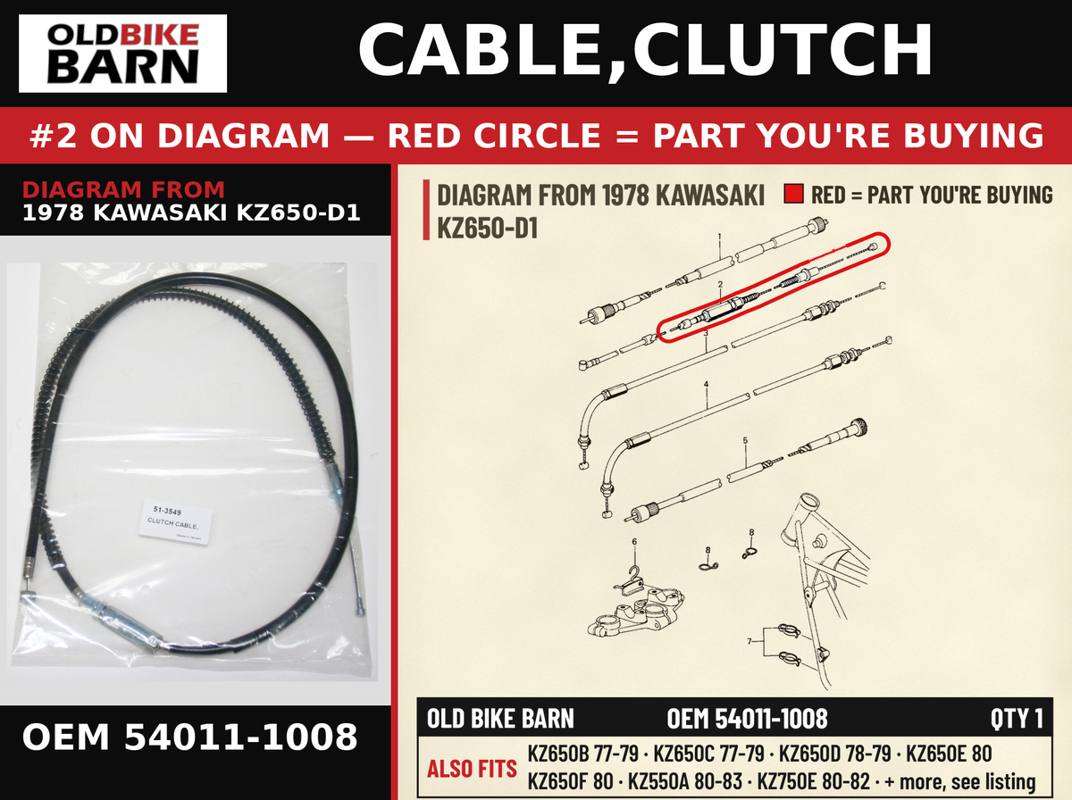 CABLE,CLUTCH OEM 54011-1008 diagram #2 from 1978 KAWASAKI KZ650-D1 | Old Bike Barn