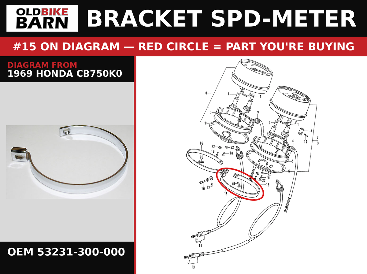 BRACKET SPD-METER OEM 53231-300-000 diagram #15 from 1969 HONDA CB750K0 | Old Bike Barn