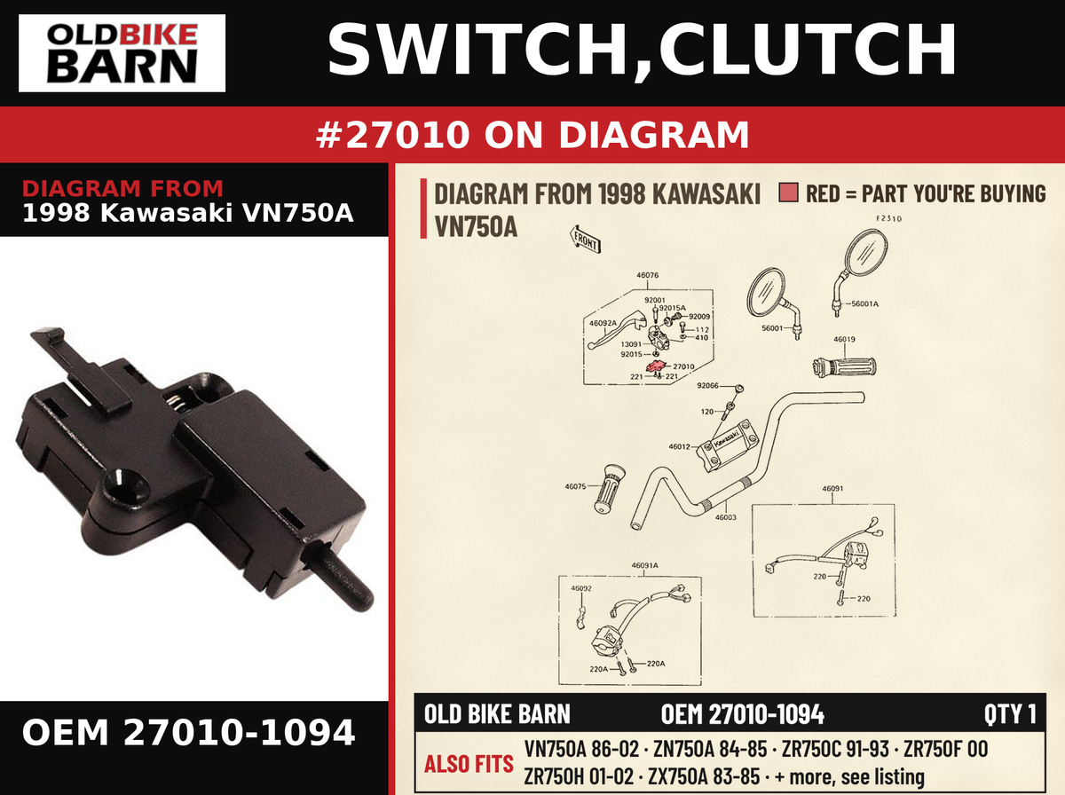 SWITCH,CLUTCH OEM 27010-1094 diagram #27010 from 1998 KAWASAKI VN750A | Old Bike Barn