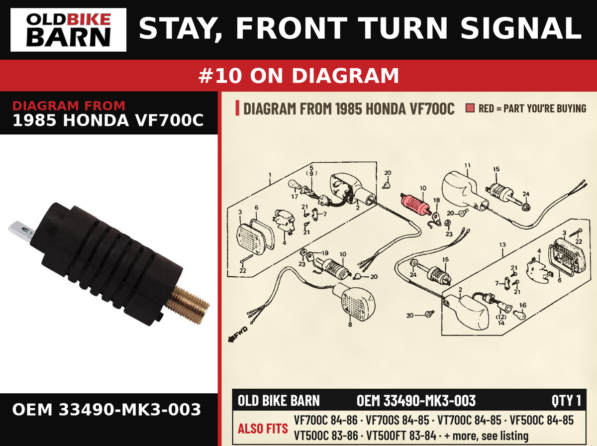 STAY, FRONT TURN SIGNAL OEM 33490-MK3-003 diagram #10 from 1985 HONDA VF700C | Old Bike Barn