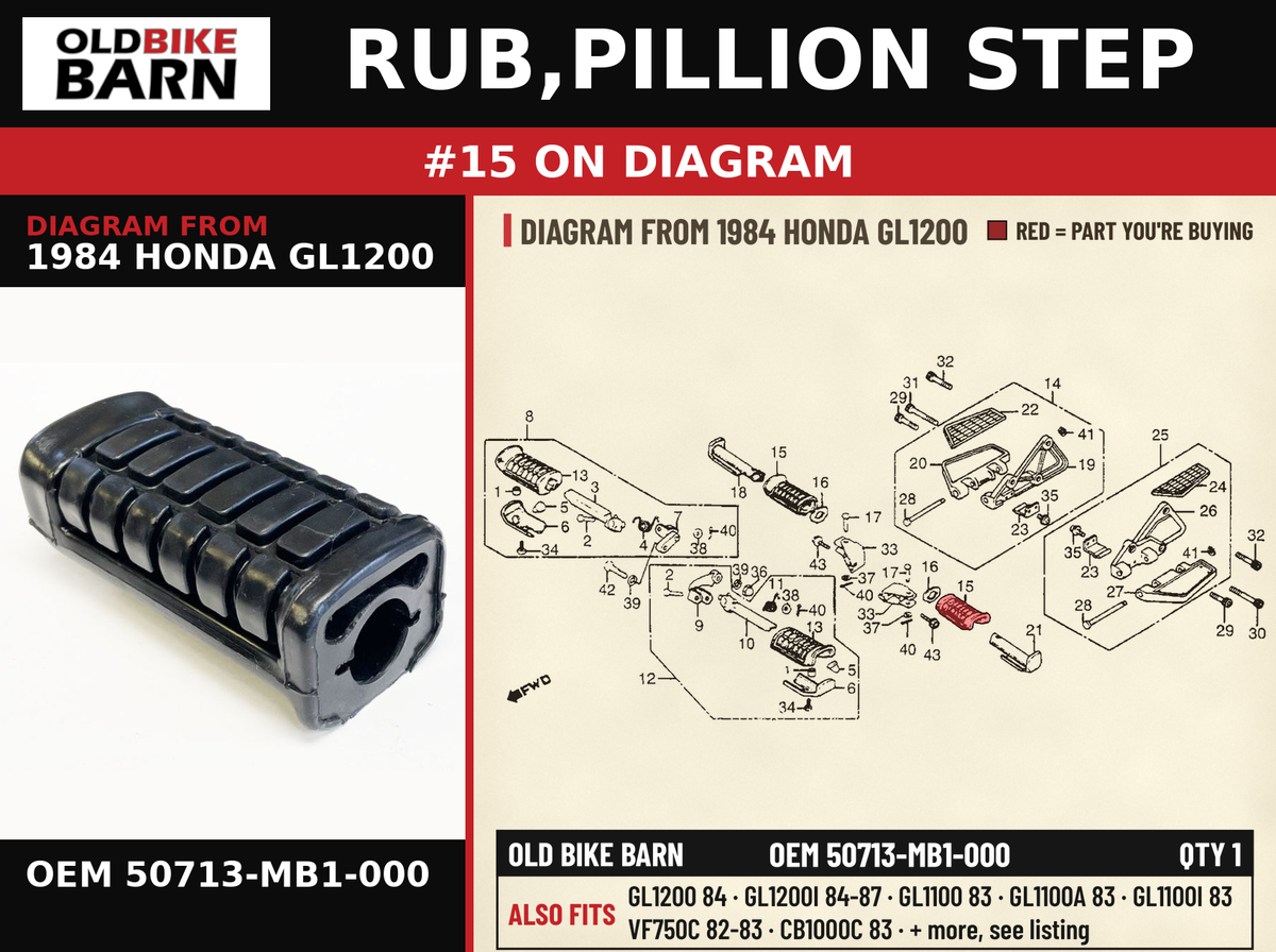 RUB,PILLION STEP OEM 50713-MB1-000 diagram #15 from 1984 HONDA GL1200 | Old Bike Barn