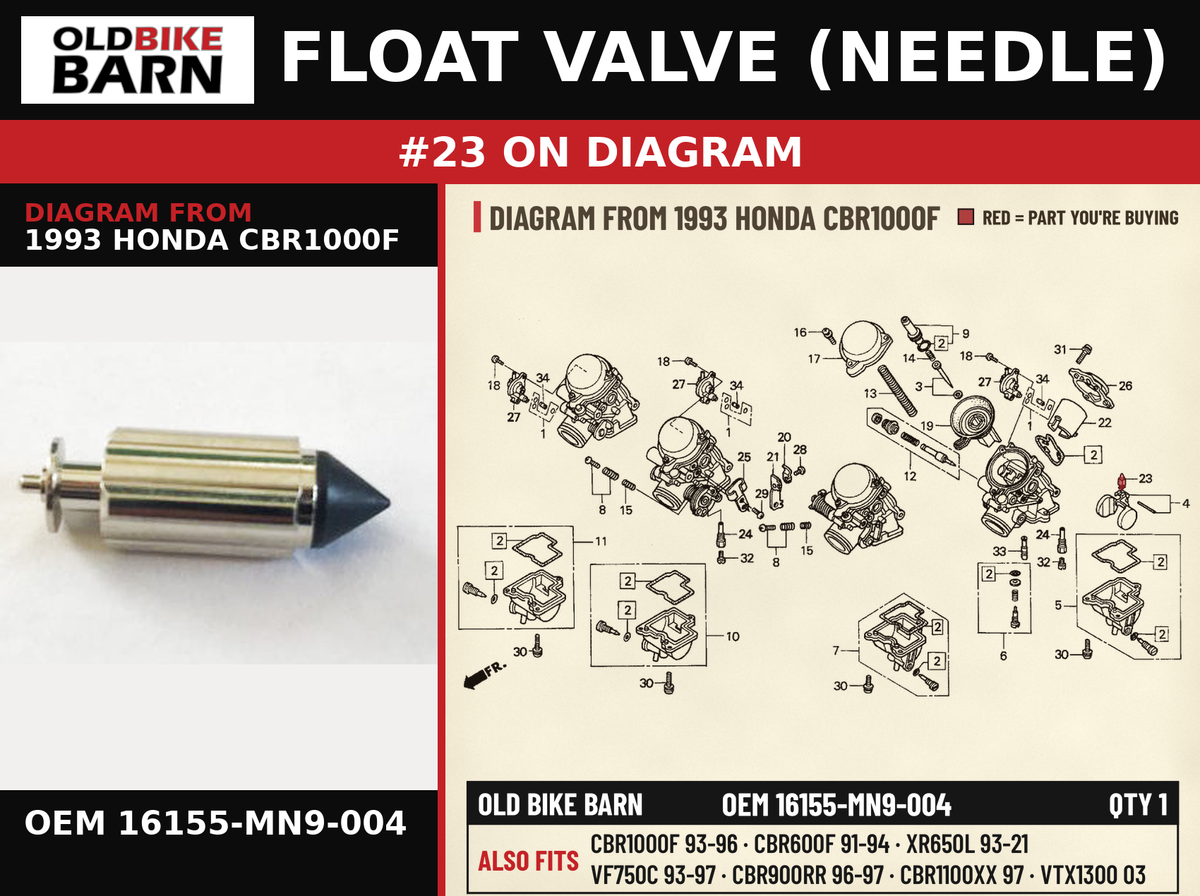 FLOAT VALVE (NEEDLE) OEM 16155-MN9-004 diagram #23 from 1993 HONDA CBR1000F | Old Bike Barn