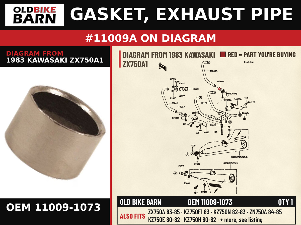 GASKET, EXHAUST PIPE OEM 11009-1073 diagram #11009A from 1983 KAWASAKI ZX750A1 | Old Bike Barn
