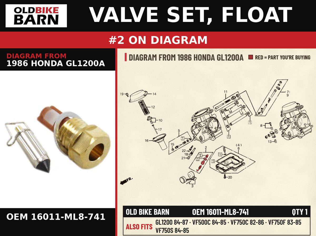 VALVE SET, FLOAT OEM 16011-ML8-741 diagram #2 from 1986 HONDA GL1200A | Old Bike Barn