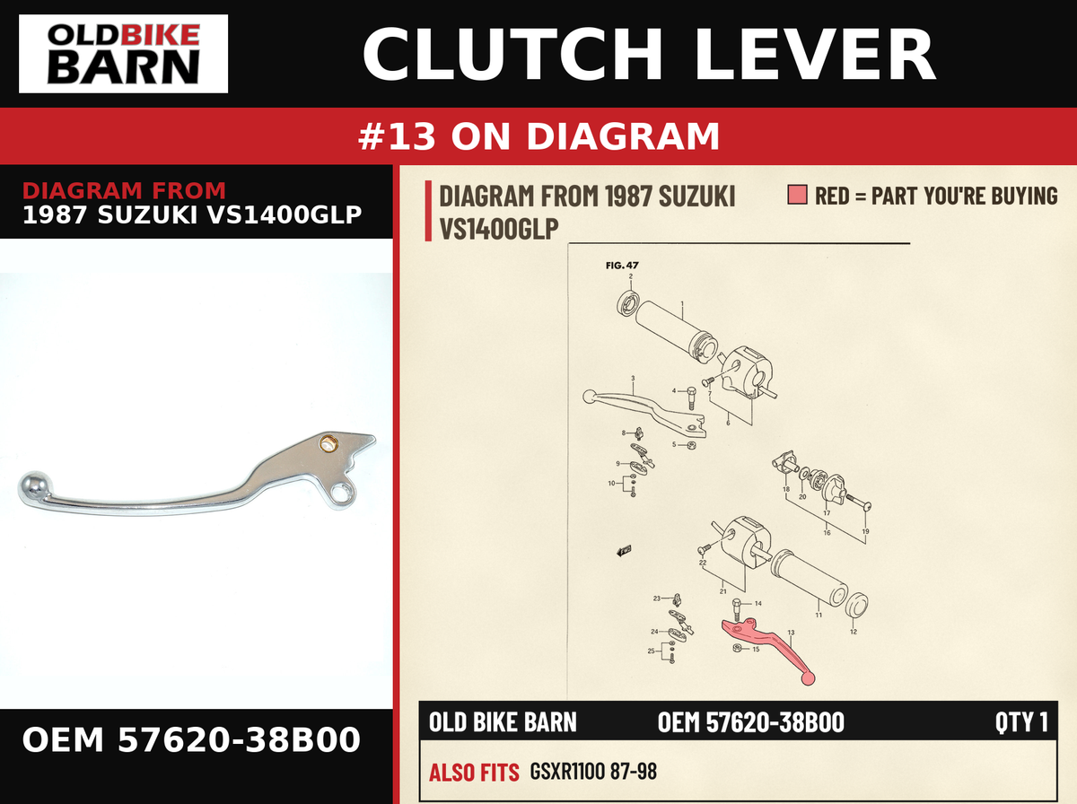 CLUTCH LEVER OEM 57620-38B00 diagram #13 from 1987 SUZUKI VS1400GLP | Old Bike Barn