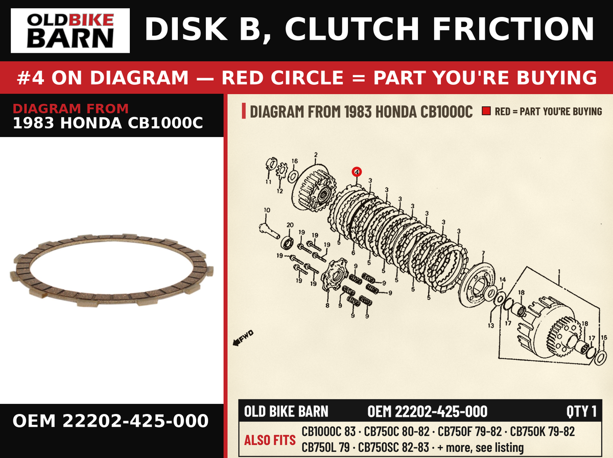 DISK B, CLUTCH FRICTION OEM 22202-425-000 diagram #4 from 1983 HONDA CB1000C | Old Bike Barn