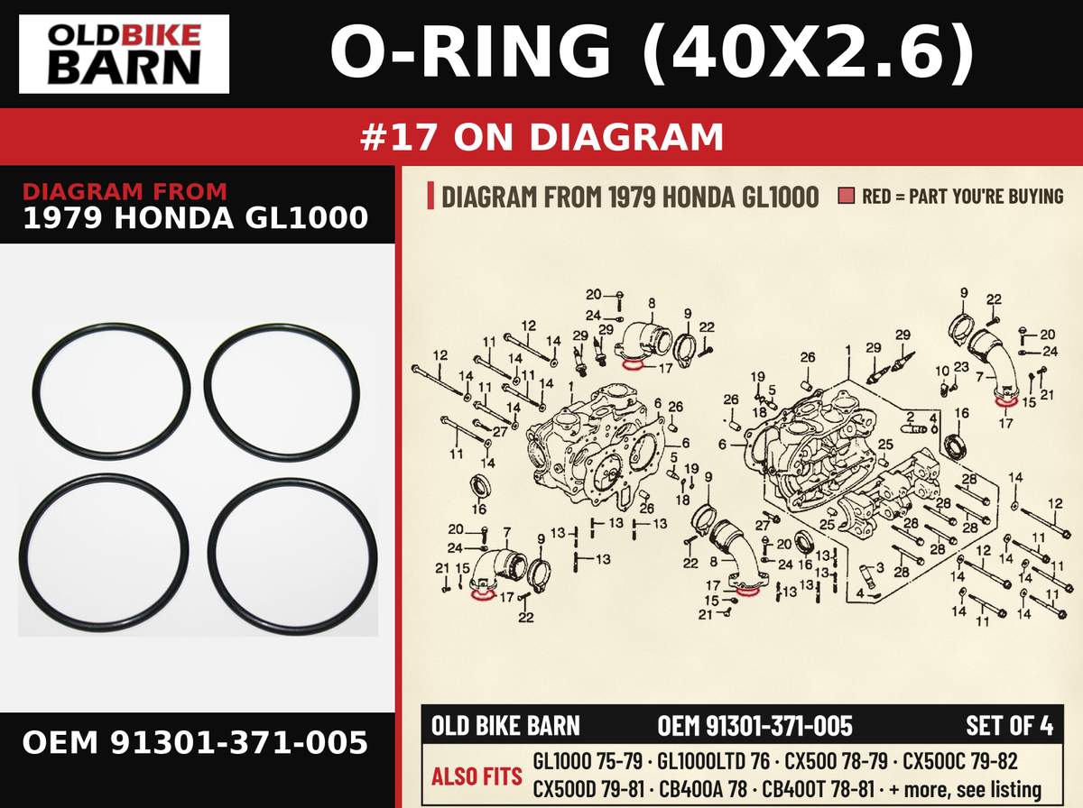 O-RING (40X2.6) OEM 91301-371-005 diagram #17 from 1979 HONDA GL1000 | Old Bike Barn