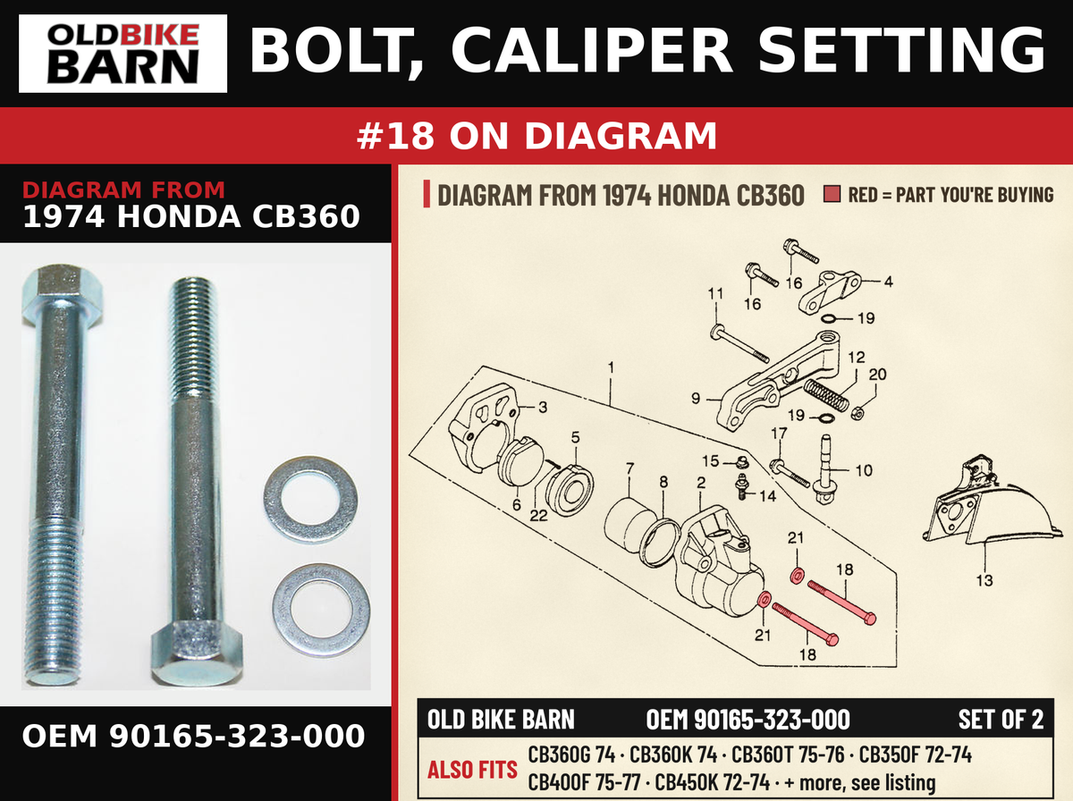 BOLT, CALIPER SETTING OEM 90165-323-000 diagram #18 from 1974 HONDA CB360 | Old Bike Barn