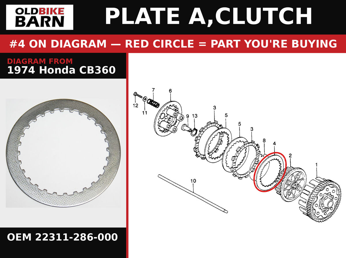PLATE A,CLUTCH OEM 22311-286-000 diagram #4 from 1974 HONDA CB360 | Old Bike Barn