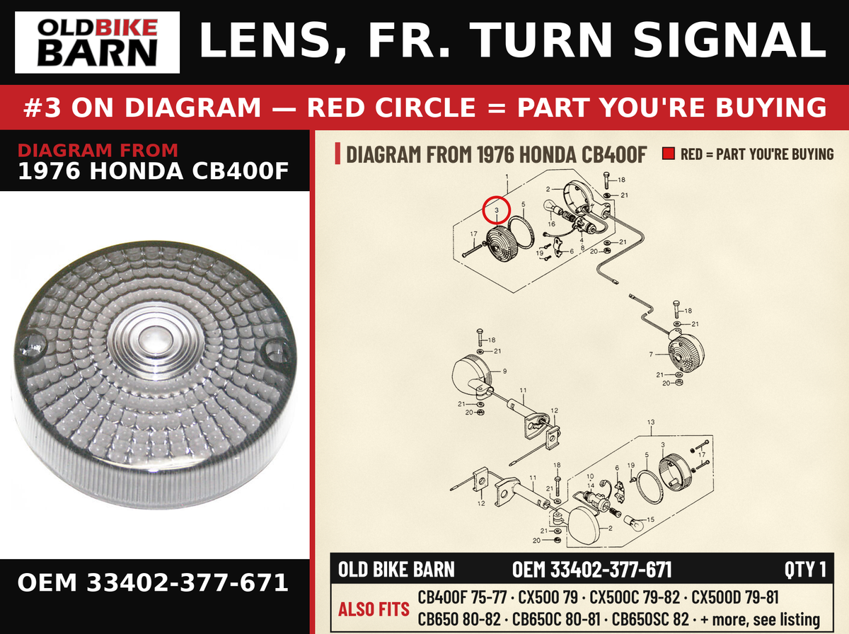 LENS, FR. TURN SIGNAL OEM 33402-377-671 diagram #3 from 1976 HONDA CB400F | Old Bike Barn