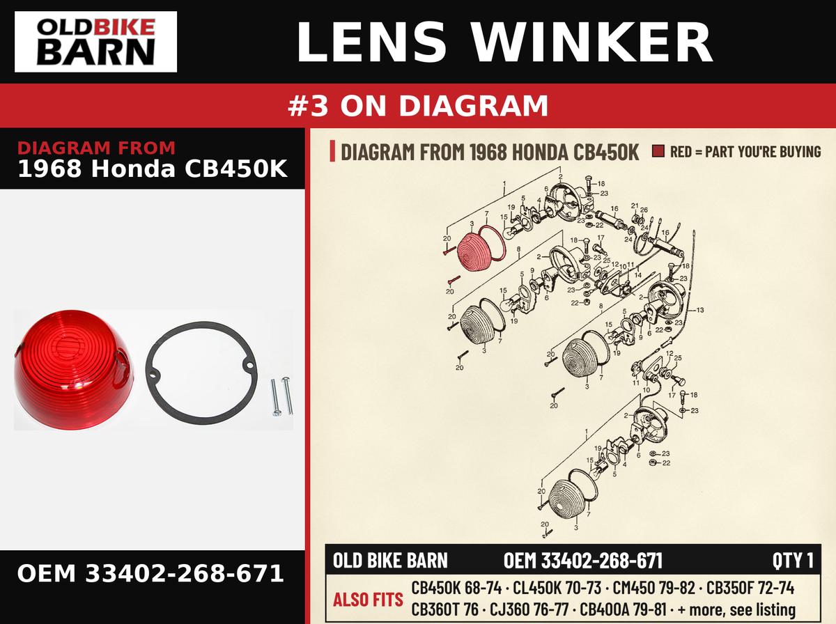 LENS WINKER OEM 33402-268-671 diagram #3 from 1968 HONDA CB450K | Old Bike Barn