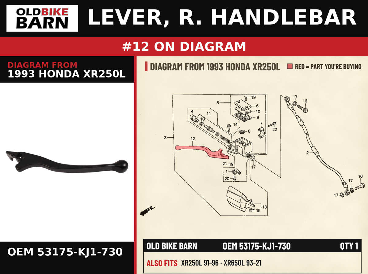 LEVER, R. HANDLEBAR OEM 53175-KJ1-730 diagram #12 from 1993 HONDA XR250L | Old Bike Barn