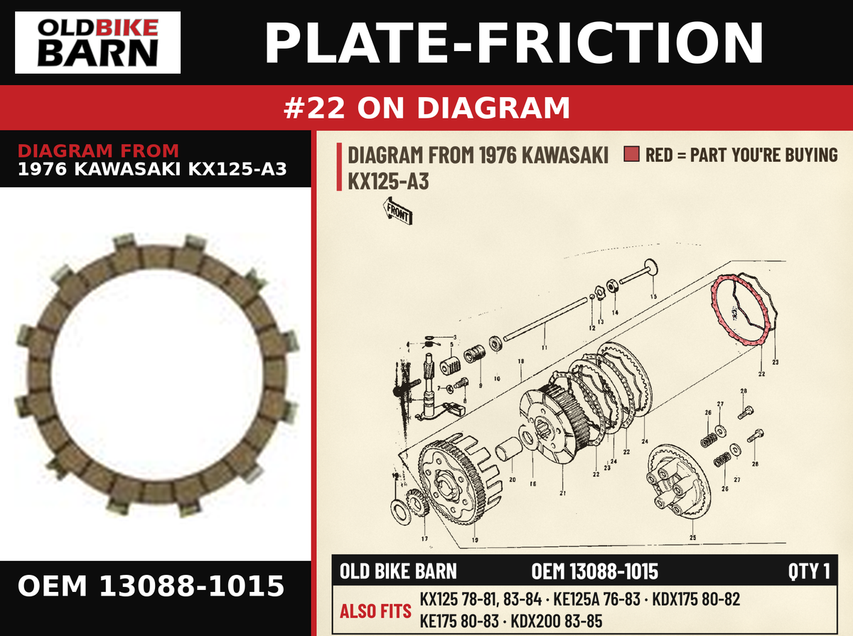 PLATE-FRICTION OEM 13088-1015 diagram #22 from 1976 KAWASAKI KX125-A3 | Old Bike Barn