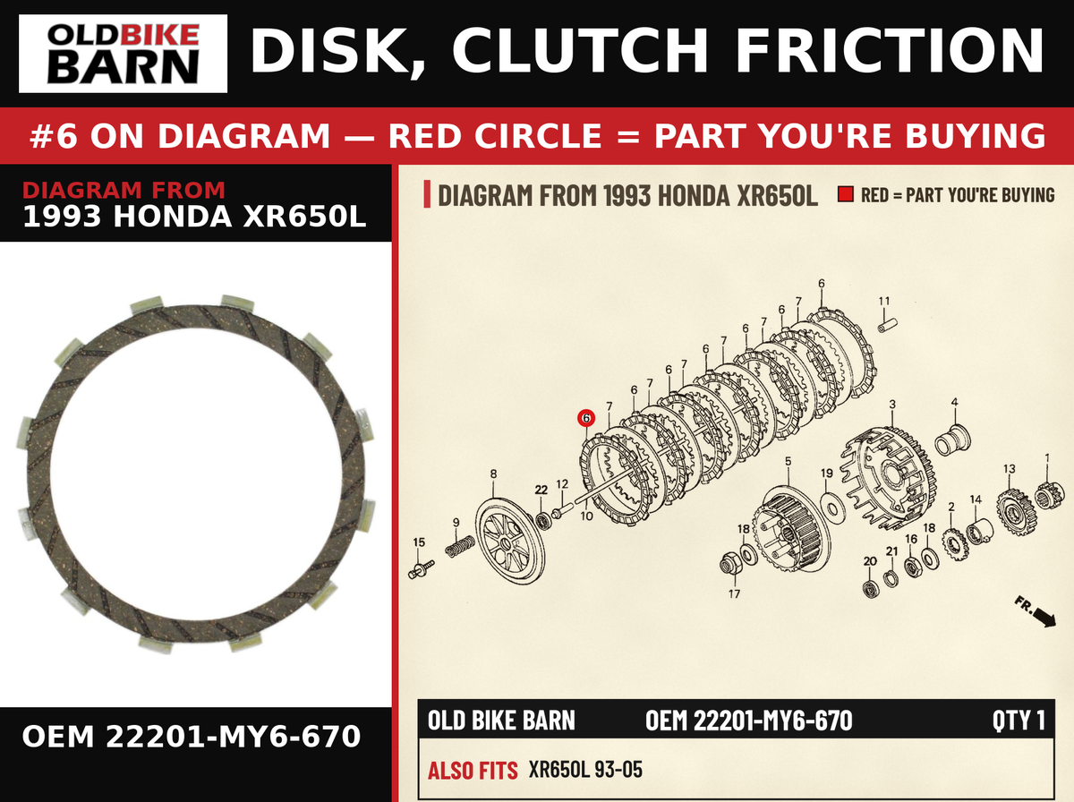 DISK, CLUTCH FRICTION OEM 22201-MY6-670 diagram #6 from 1993 HONDA XR650L | Old Bike Barn