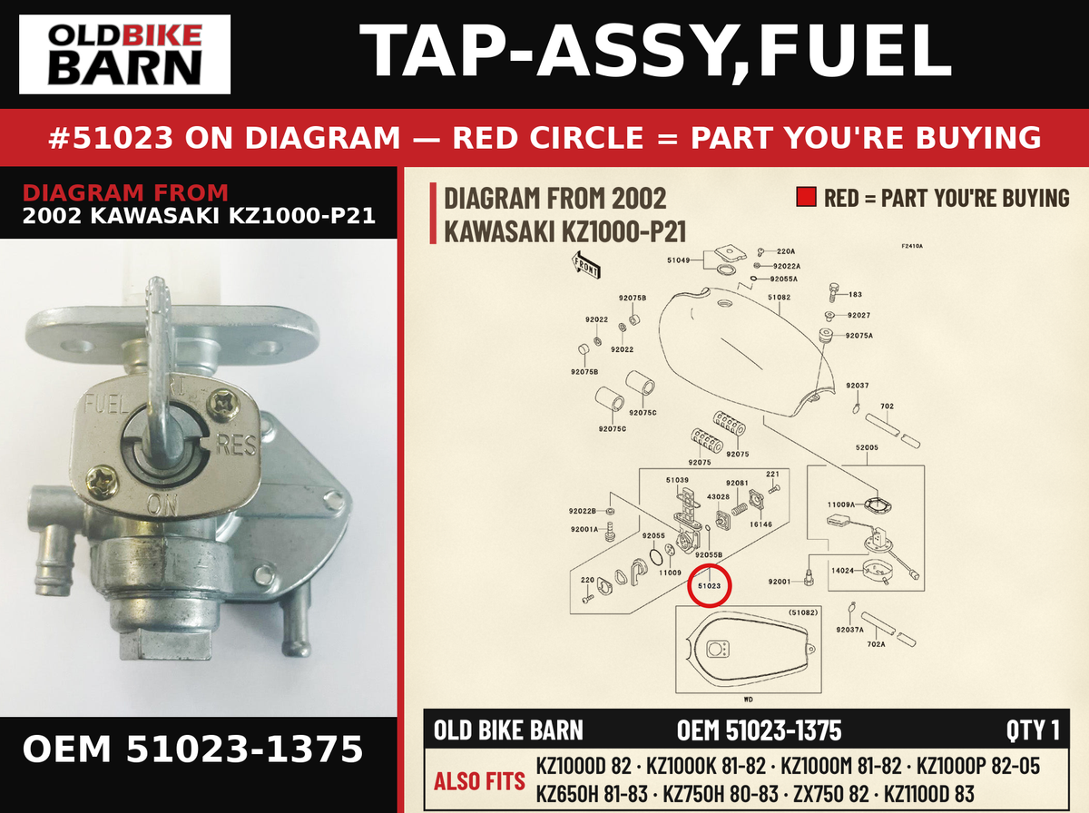 TAP-ASSY,FUEL OEM 51023-1375 diagram #51023 from 2002 KAWASAKI KZ1000-P21 | Old Bike Barn