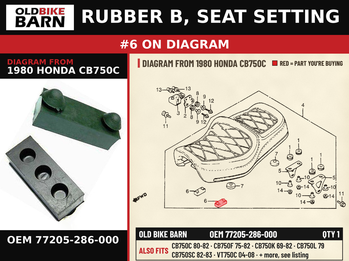 RUBBER B, SEAT SETTING OEM 77205-286-000 diagram #6 from 1980 HONDA CB750C | Old Bike Barn