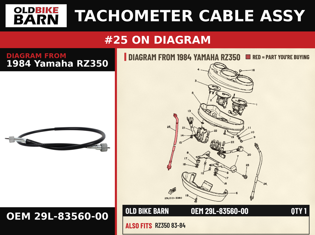 TACHOMETER CABLE ASSY OEM 29L-83560-00 diagram #25 from 1984 YAMAHA RZ350 | Old Bike Barn