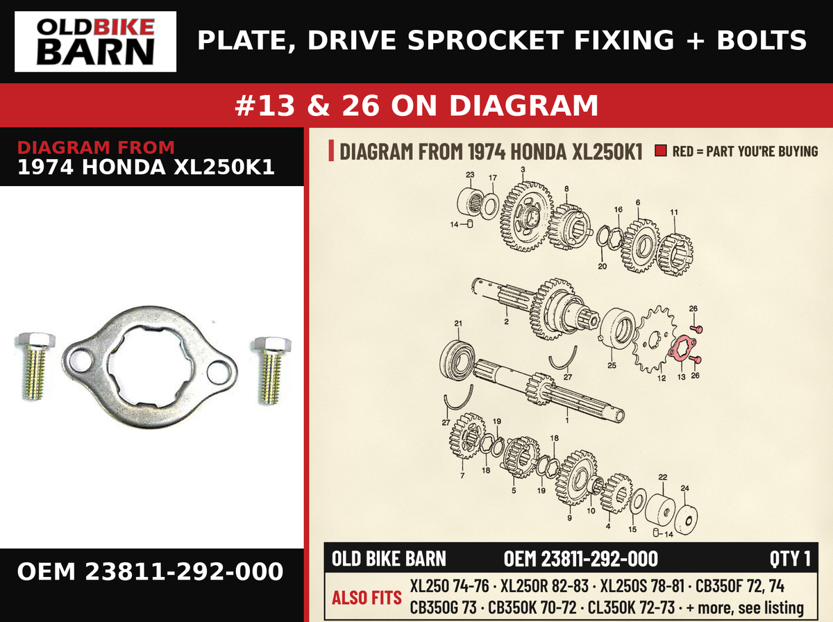 PLATE, DRIVE SPROCKET FIXING + BOLTS OEM 23811-292-000 diagram #13 & 26 from 1974 HONDA XL250K1 | Old Bike Barn