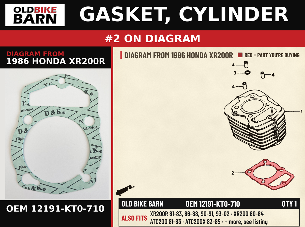 GASKET, CYLINDER OEM 12191-KT0-710 diagram #2 from 1986 HONDA XR200R | Old Bike Barn