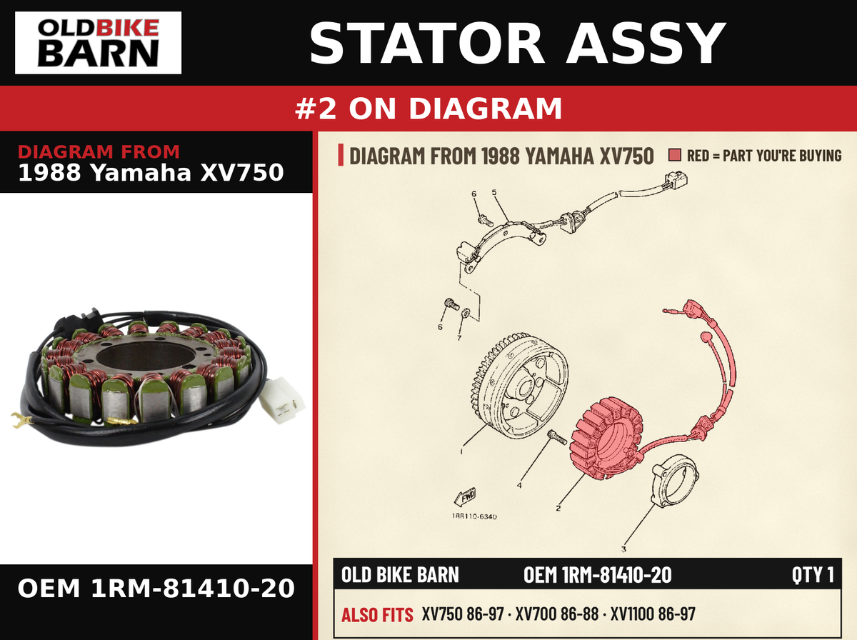 STATOR ASSY OEM 1RM-81410-20 diagram #2 from 1988 YAMAHA XV750 | Old Bike Barn