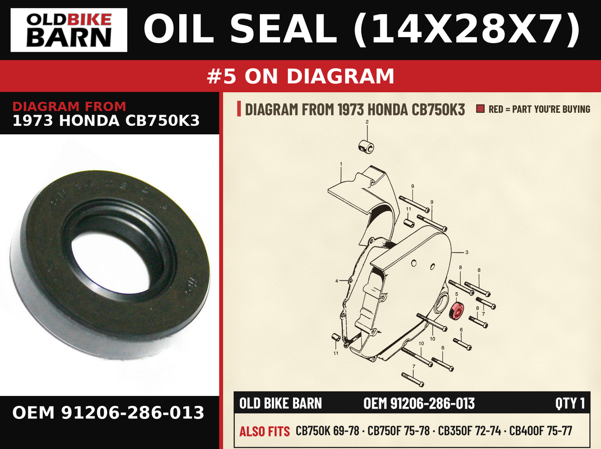 OIL SEAL (14X28X7) OEM 91206-286-013 diagram #5 from 1973 HONDA CB750K3 | Old Bike Barn