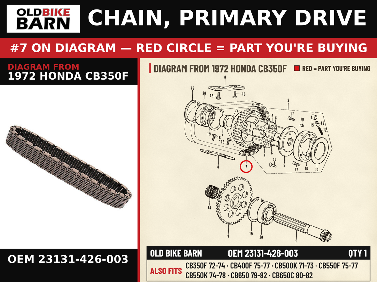 CHAIN, PRIMARY DRIVE OEM 23131-426-003 diagram #7 from 1972 HONDA CB350F | Old Bike Barn