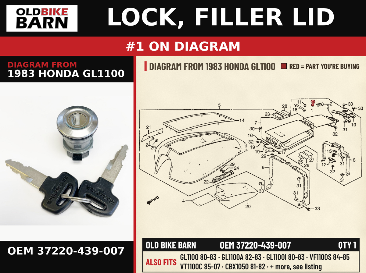 LOCK, FILLER LID OEM 37220-439-007 diagram #1 from 1983 HONDA GL1100 | Old Bike Barn