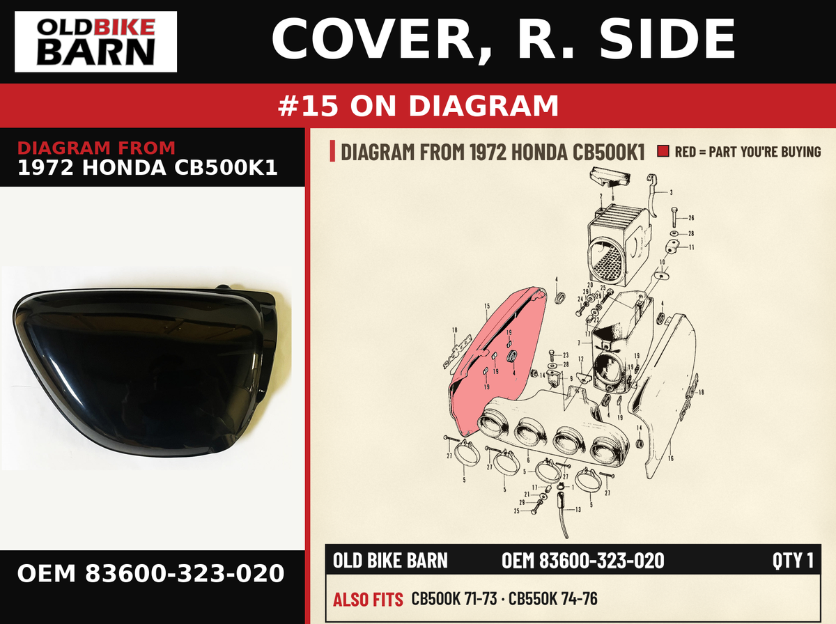 COVER, R. SIDE OEM 83600-323-020 diagram #15 from 1972 HONDA CB500K1 | Old Bike Barn