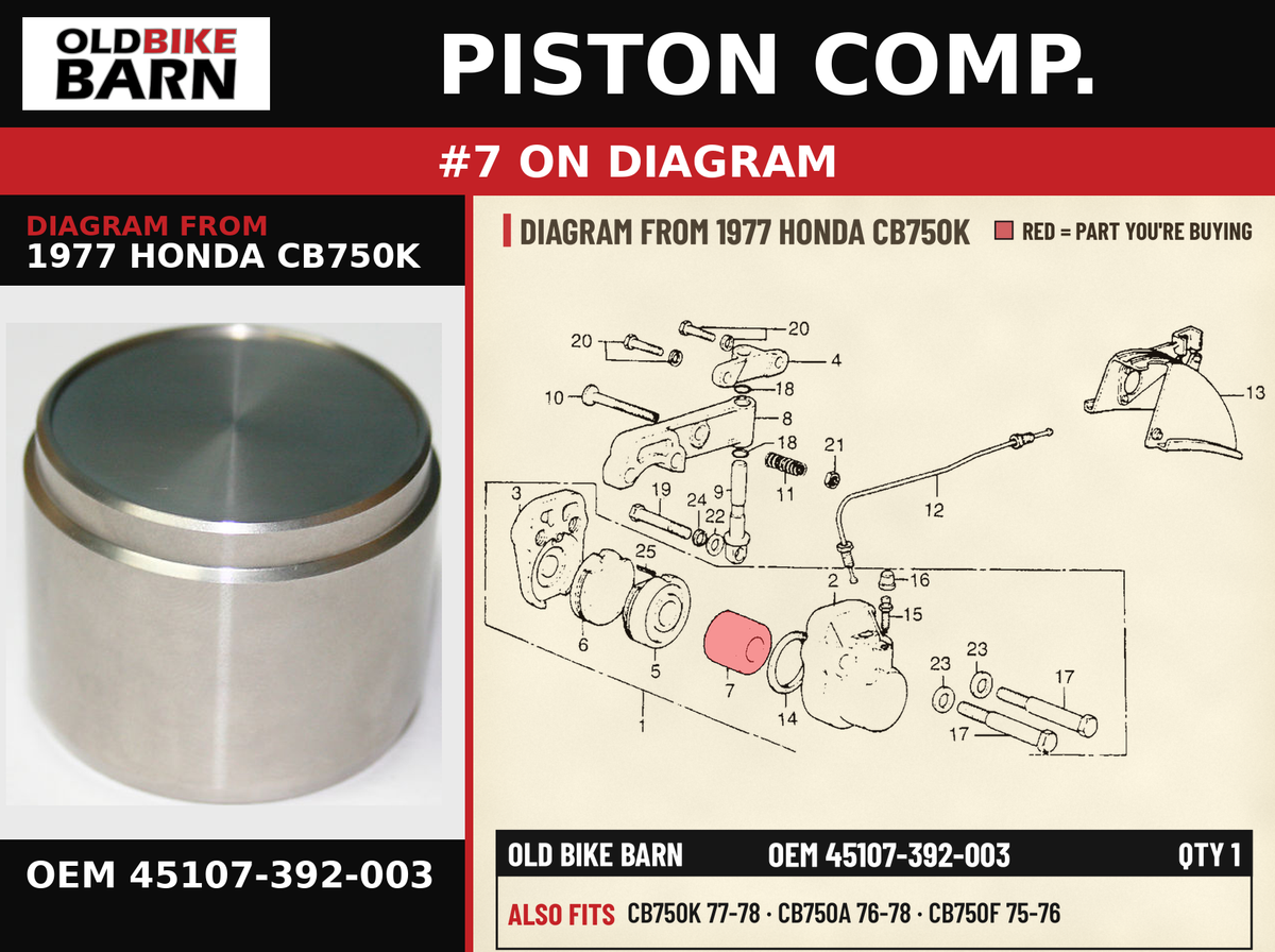 PISTON COMP. OEM 45107-392-003 diagram #7 from 1977 HONDA CB750K | Old Bike Barn
