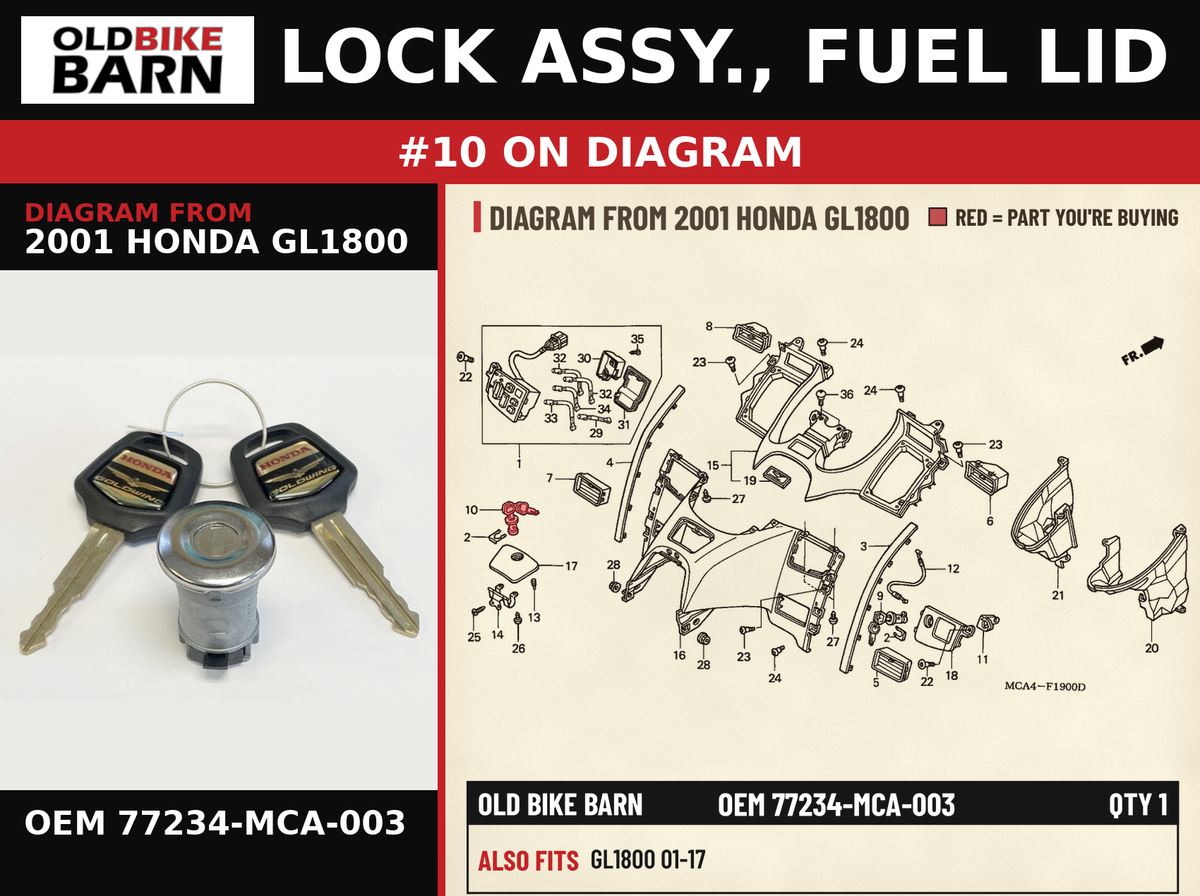 LOCK ASSY., FUEL LID OEM 77234-MCA-003 diagram #10 from 2001 HONDA GL1800 | Old Bike Barn
