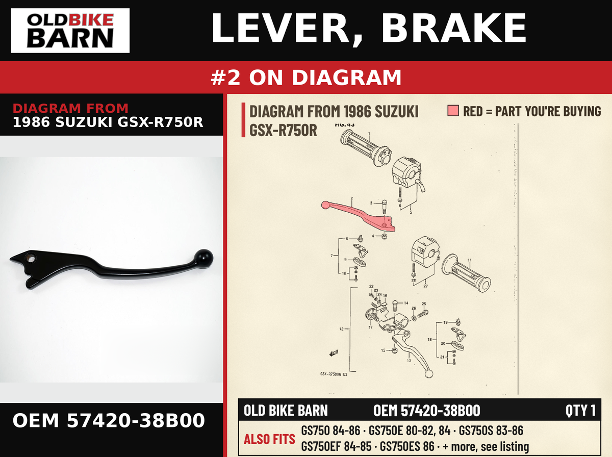 LEVER, BRAKE OEM 57420-38B00 diagram #2 from 1986 SUZUKI GSX-R750R | Old Bike Barn