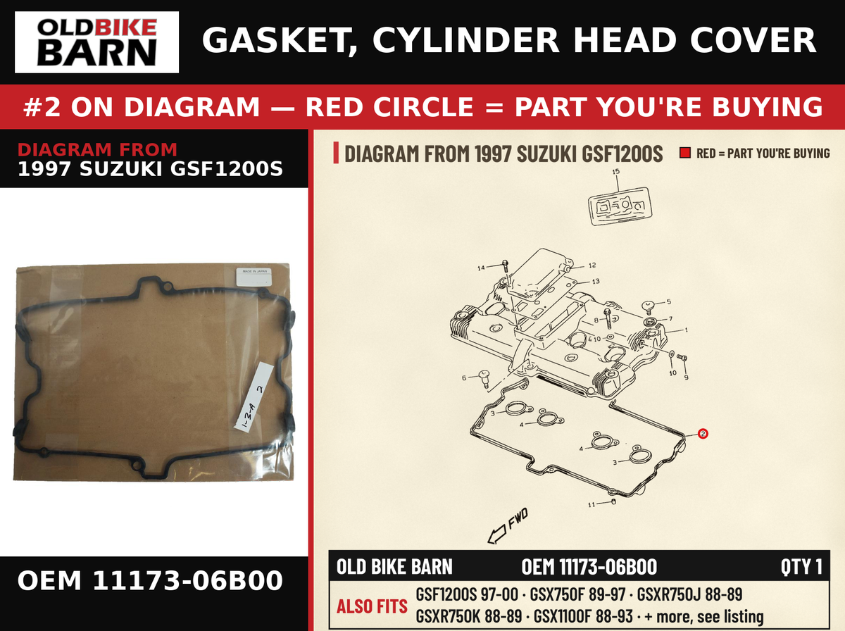 GASKET, CYLINDER HEAD COVER OEM 11173-06B00 diagram #2 from 1997 SUZUKI GSF1200S | Old Bike Barn