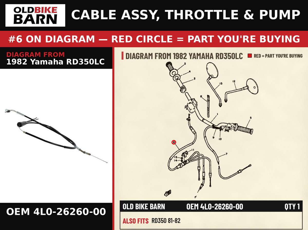 CABLE ASSY, THROTTLE & PUMP OEM 4L0-26260-00 diagram #6 from 1982 YAMAHA RD350LC | Old Bike Barn