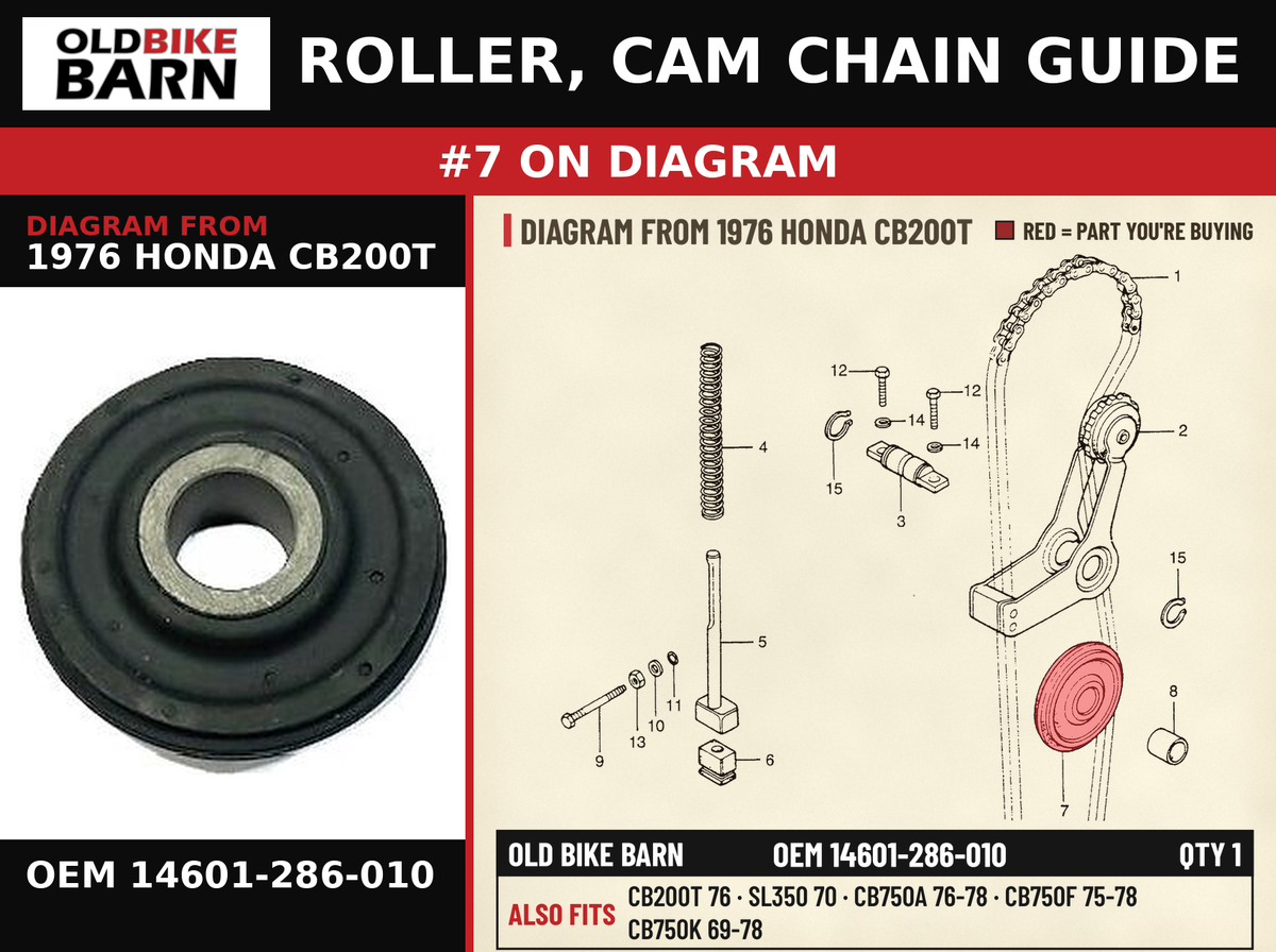 ROLLER, CAM CHAIN GUIDE OEM 14601-286-010 diagram #7 from 1976 HONDA CB200T | Old Bike Barn