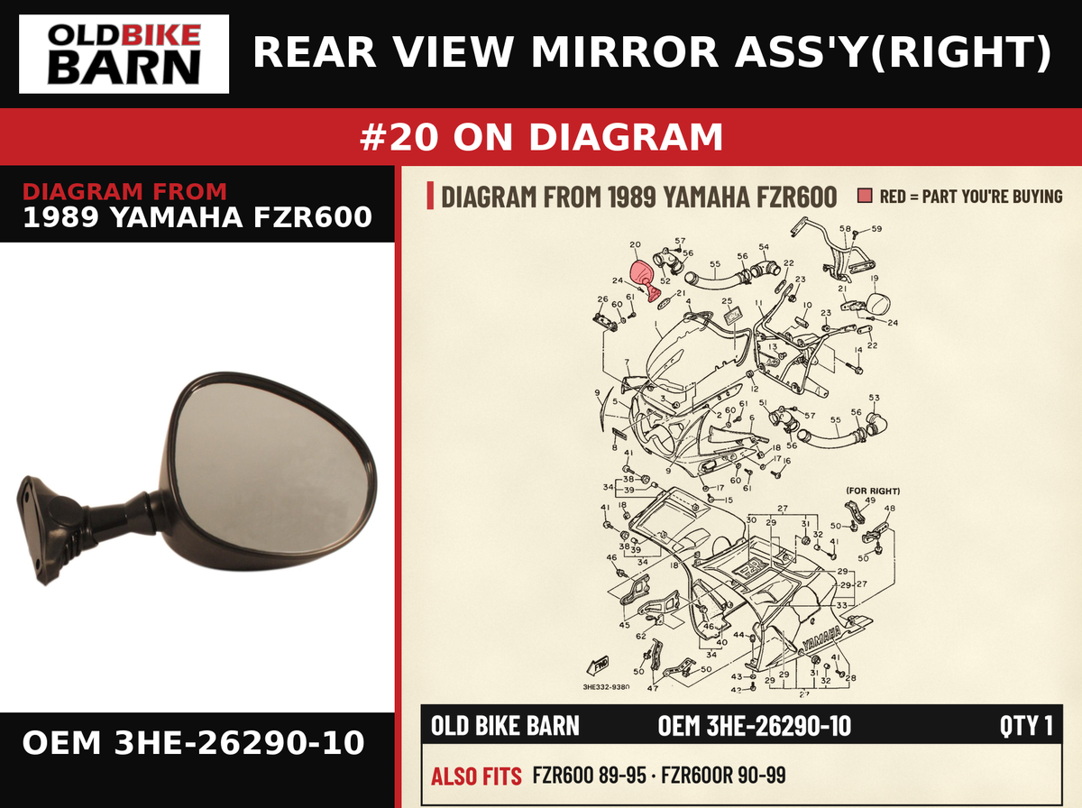 REAR VIEW MIRROR ASS'Y(RIGHT) OEM 3HE-26290-10 diagram #20 from 1989 YAMAHA FZR600 | Old Bike Barn