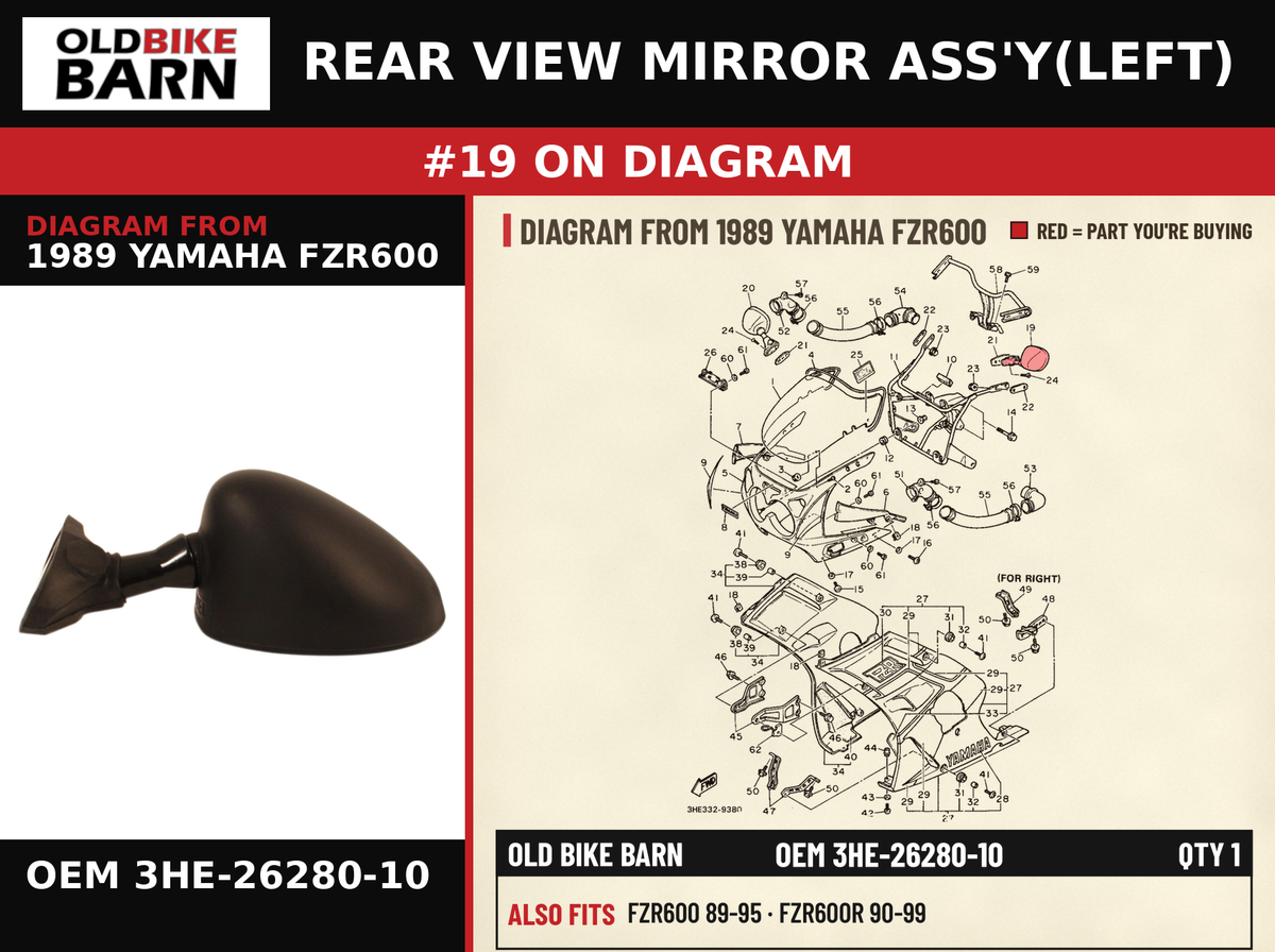 REAR VIEW MIRROR ASS'Y(LEFT) OEM 3HE-26280-10 diagram #19 from 1989 YAMAHA FZR600 | Old Bike Barn