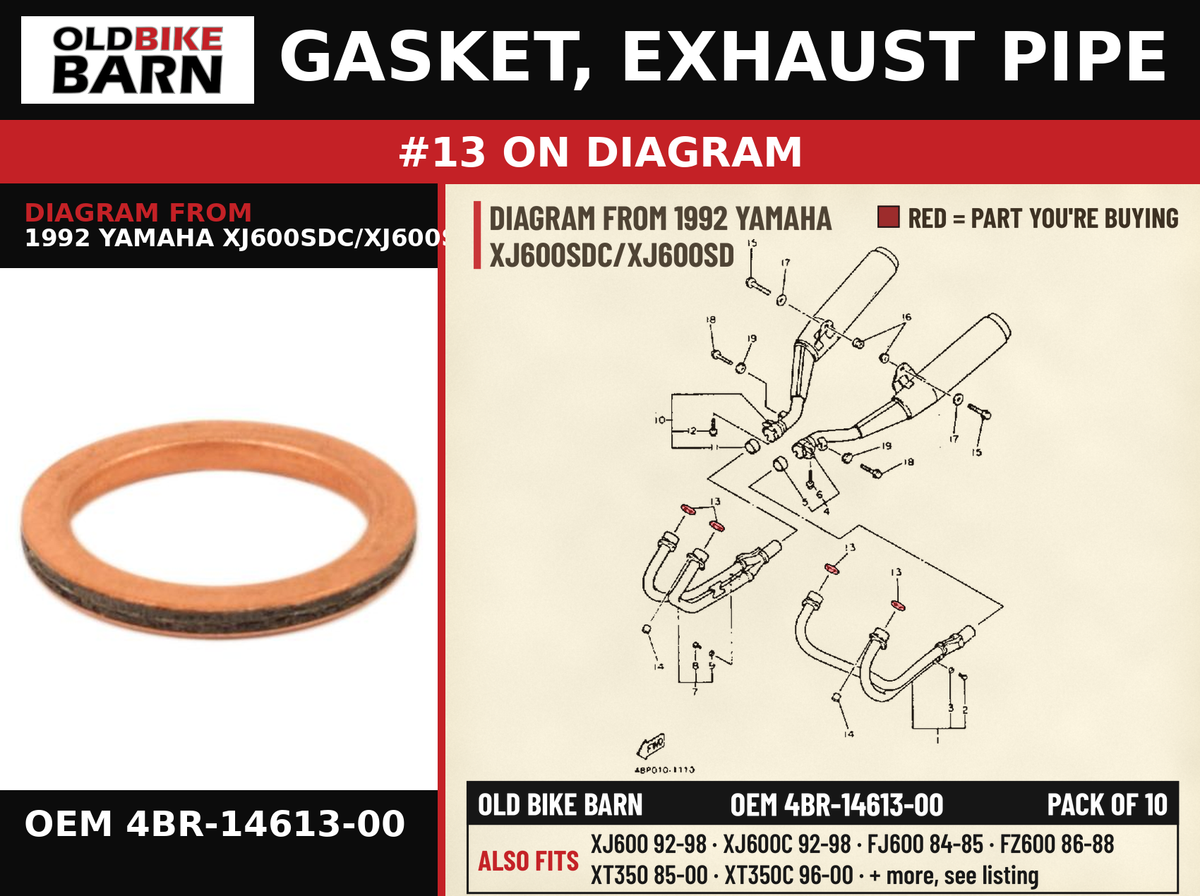 GASKET, EXHAUST PIPE OEM 4BR-14613-00 diagram #13 from 1992 YAMAHA XJ600SDC/XJ600SD | Old Bike Barn