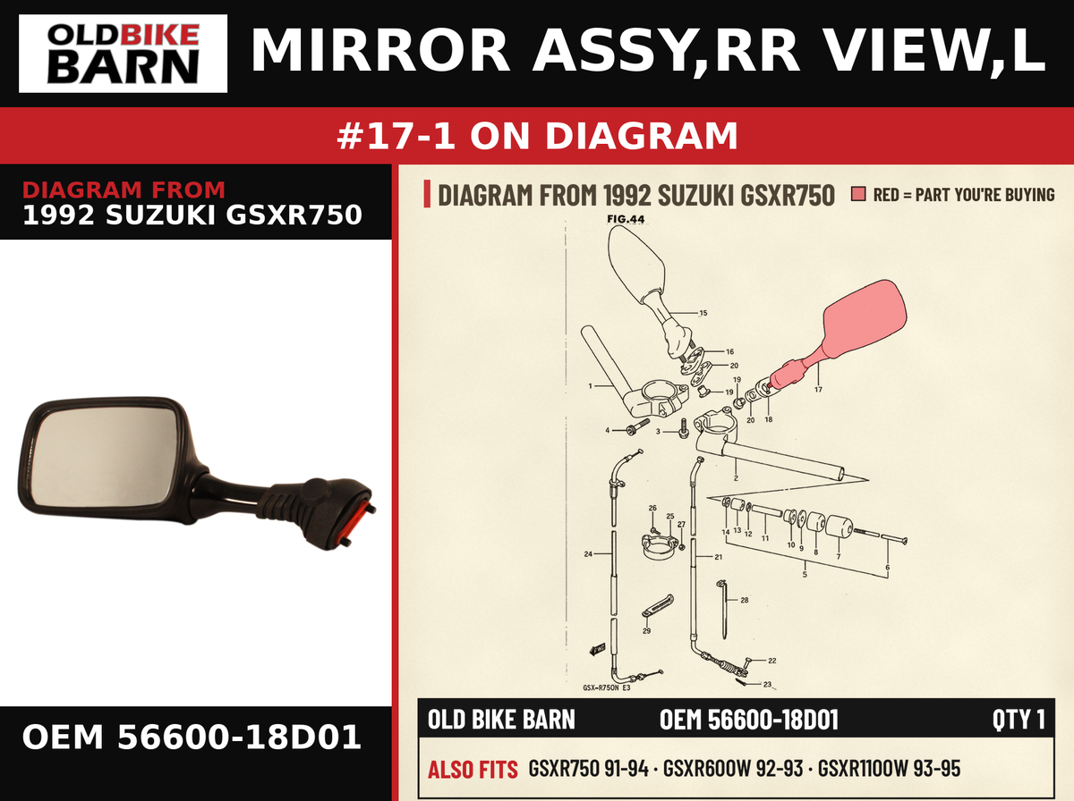 MIRROR ASSY,RR VIEW,L OEM 56600-18D01 diagram #17-1 from 1992 SUZUKI GSXR750 | Old Bike Barn
