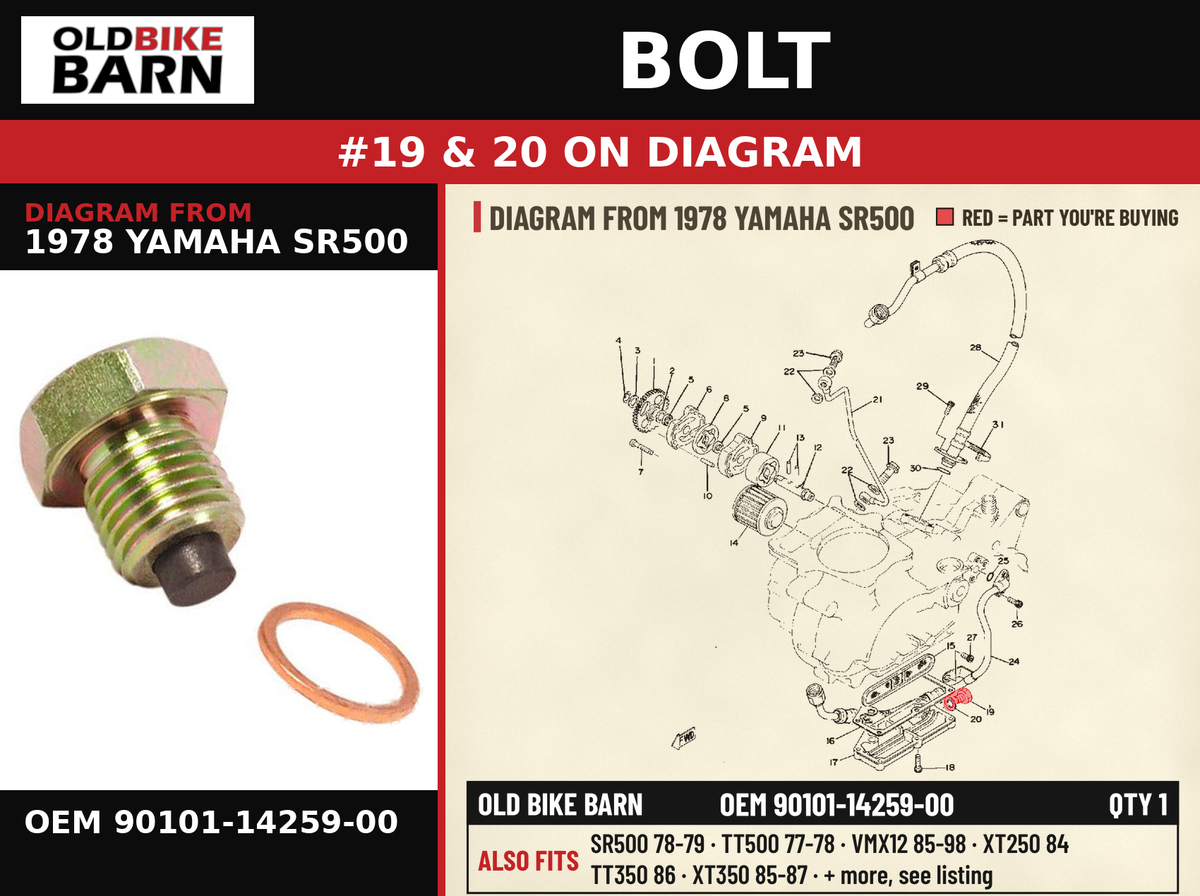 BOLT OEM 90101-14259-00 diagram #19 & 20 from 1978 YAMAHA SR500 | Old Bike Barn