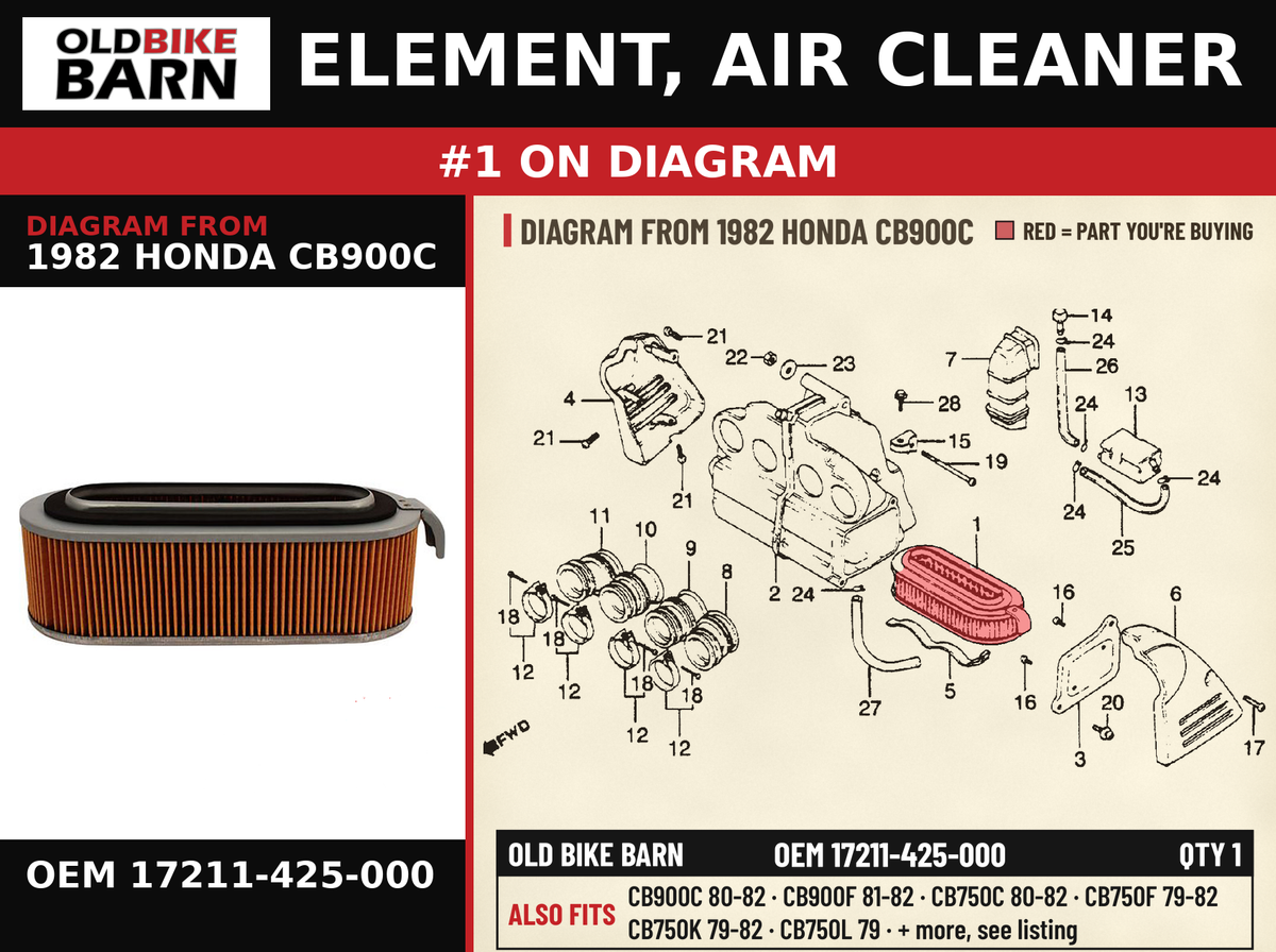 ELEMENT, AIR CLEANER OEM 17211-425-000 diagram #1 from 1982 HONDA CB900C | Old Bike Barn