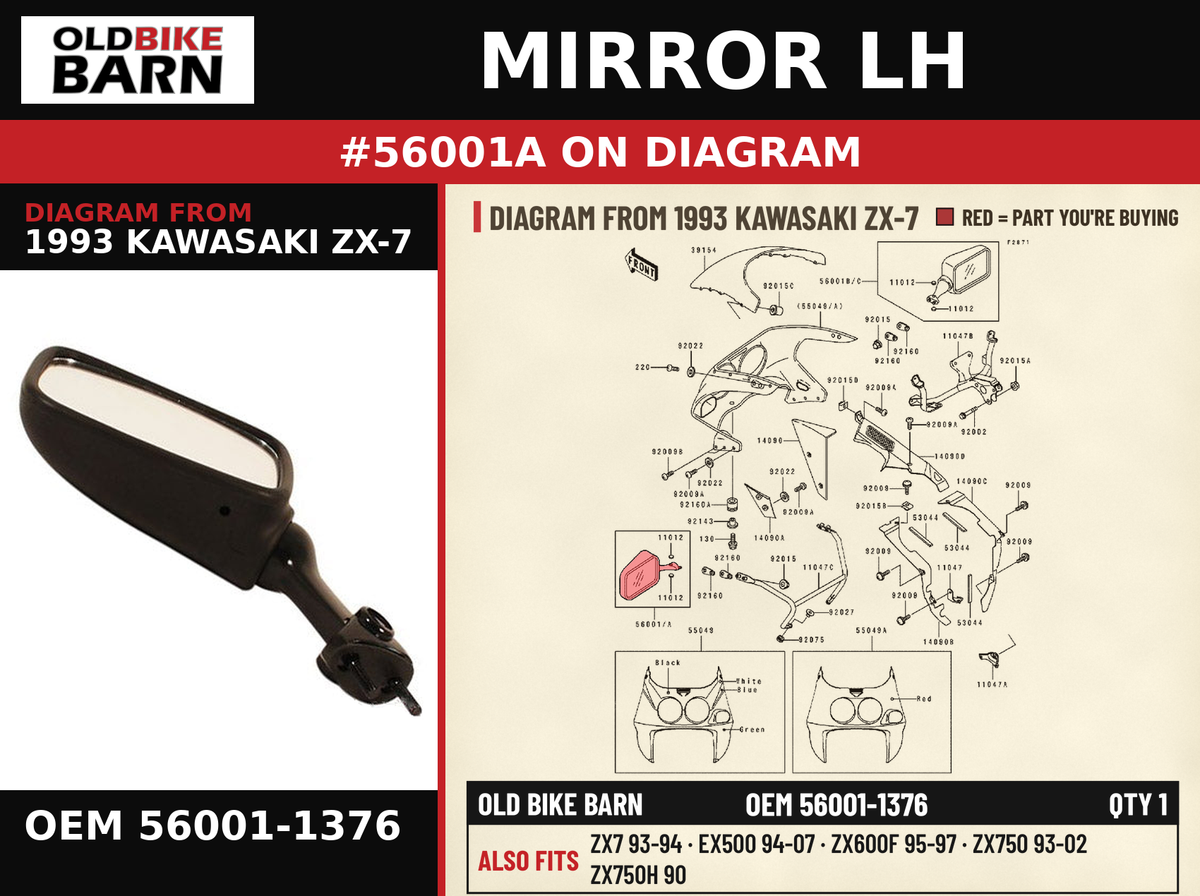 MIRROR LH OEM 56001-1376 diagram #56001A from 1993 KAWASAKI ZX-7 | Old Bike Barn