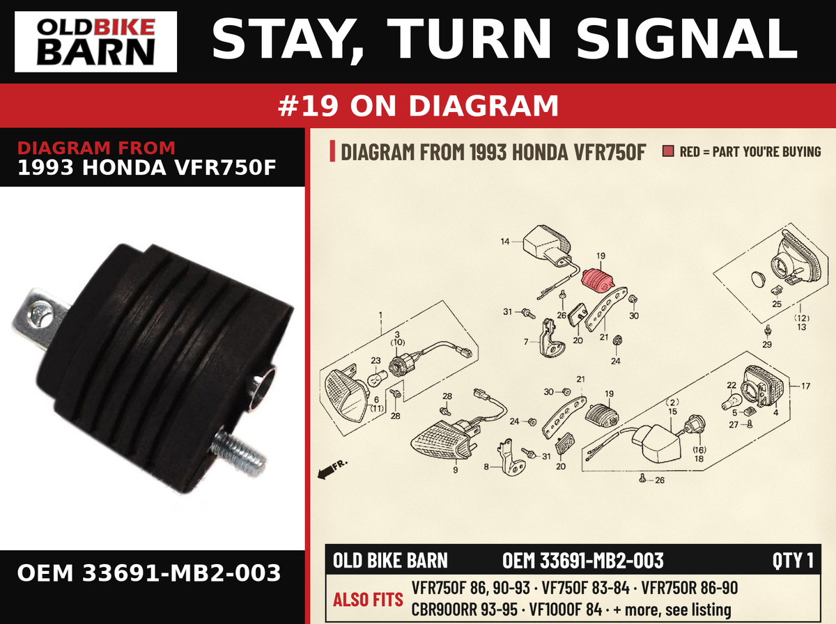 STAY, TURN SIGNAL OEM 33691-MB2-003 diagram #19 from 1993 HONDA VFR750F | Old Bike Barn