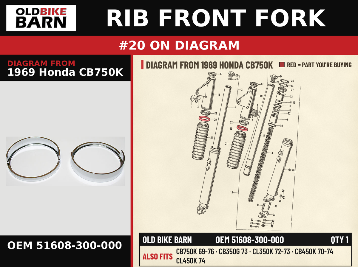 RIB FRONT FORK OEM 51608-300-000 diagram #20 from 1969 HONDA CB750K | Old Bike Barn