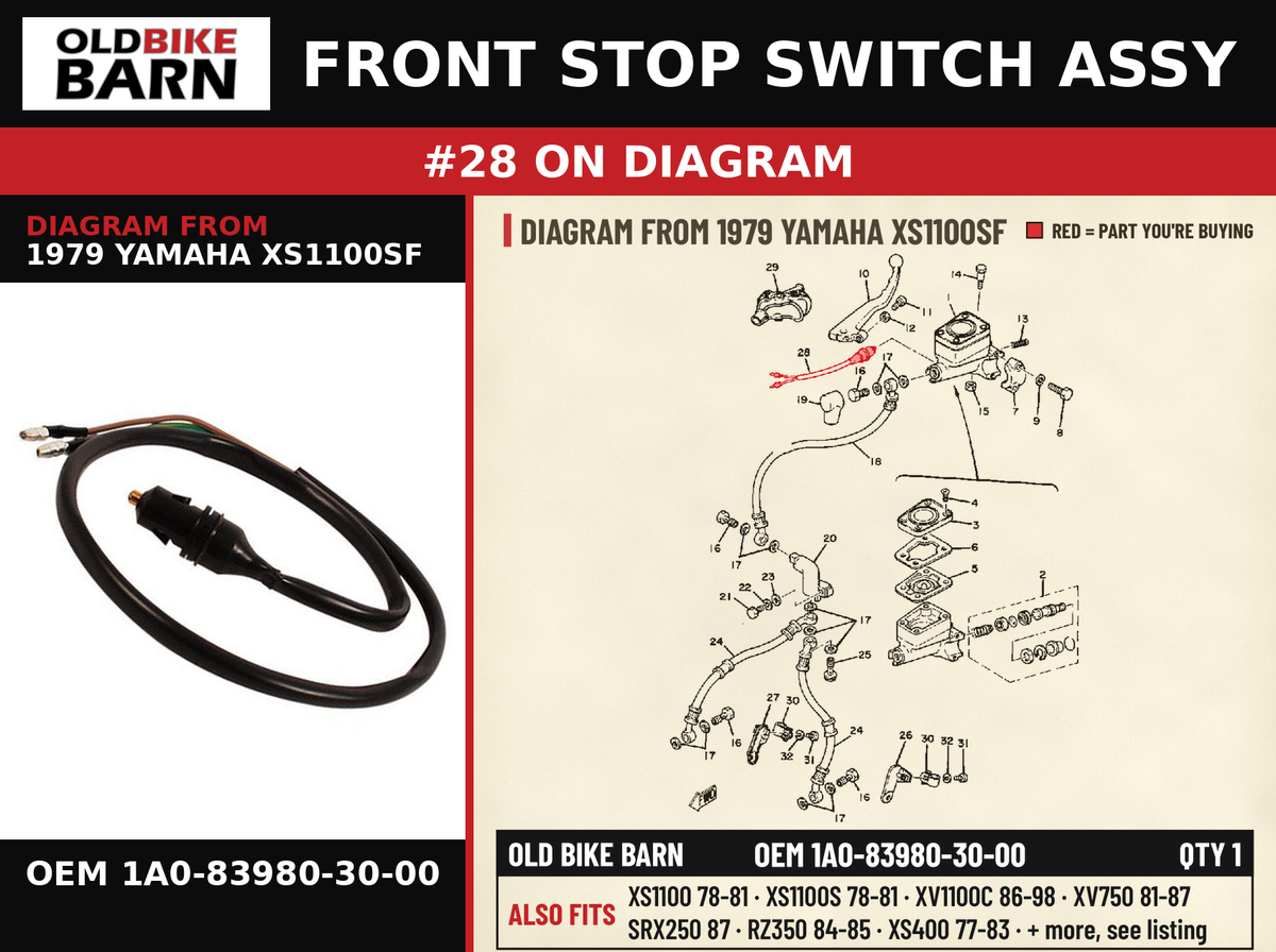 FRONT STOP SWITCH ASSY OEM 1A0-83980-30-00 diagram #28 from 1979 YAMAHA XS1100SF | Old Bike Barn