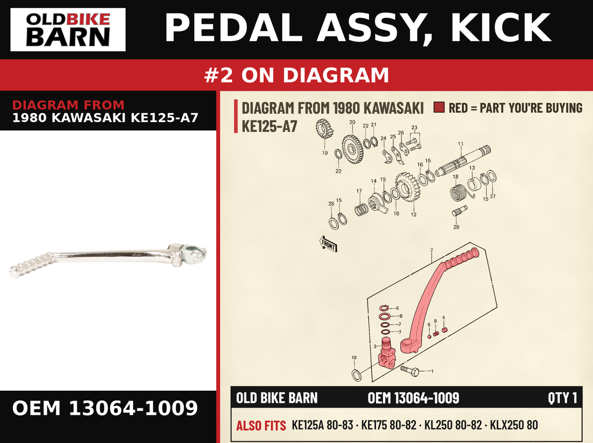 PEDAL ASSY, KICK OEM 13064-1009 diagram #2 from 1980 KAWASAKI KE125-A7 | Old Bike Barn