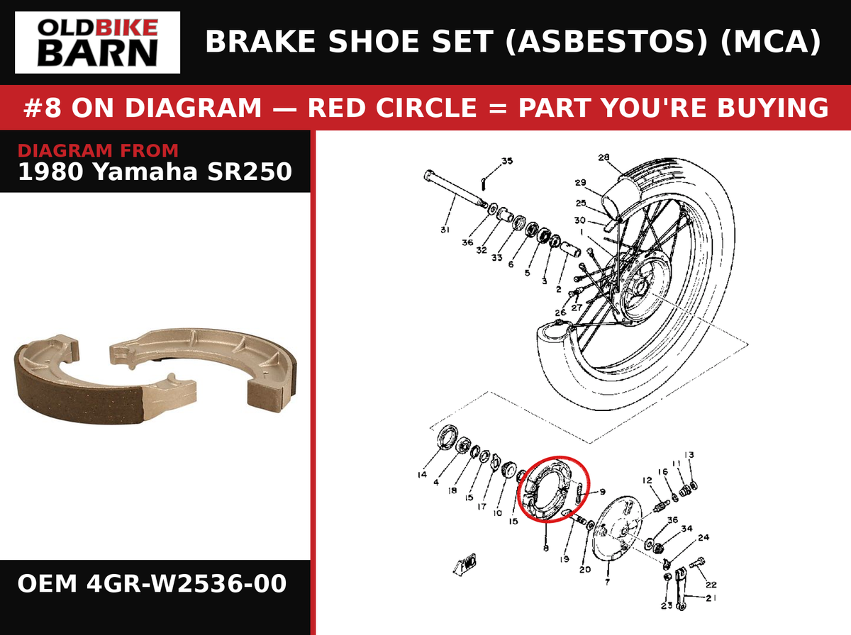 BRAKE SHOE SET (ASBESTOS) (MCA) OEM 4GR-W2536-00 diagram #8 from 1980 YAMAHA SR250 | Old Bike Barn