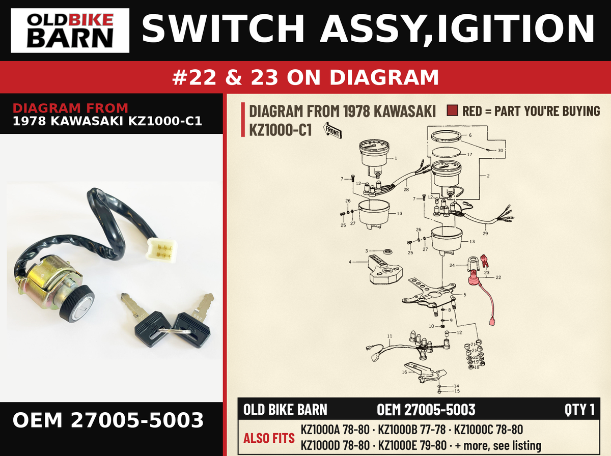 SWITCH ASSY,IGITION OEM 27005-5003 diagram #22 & 23 from 1978 KAWASAKI KZ1000-C1 | Old Bike Barn