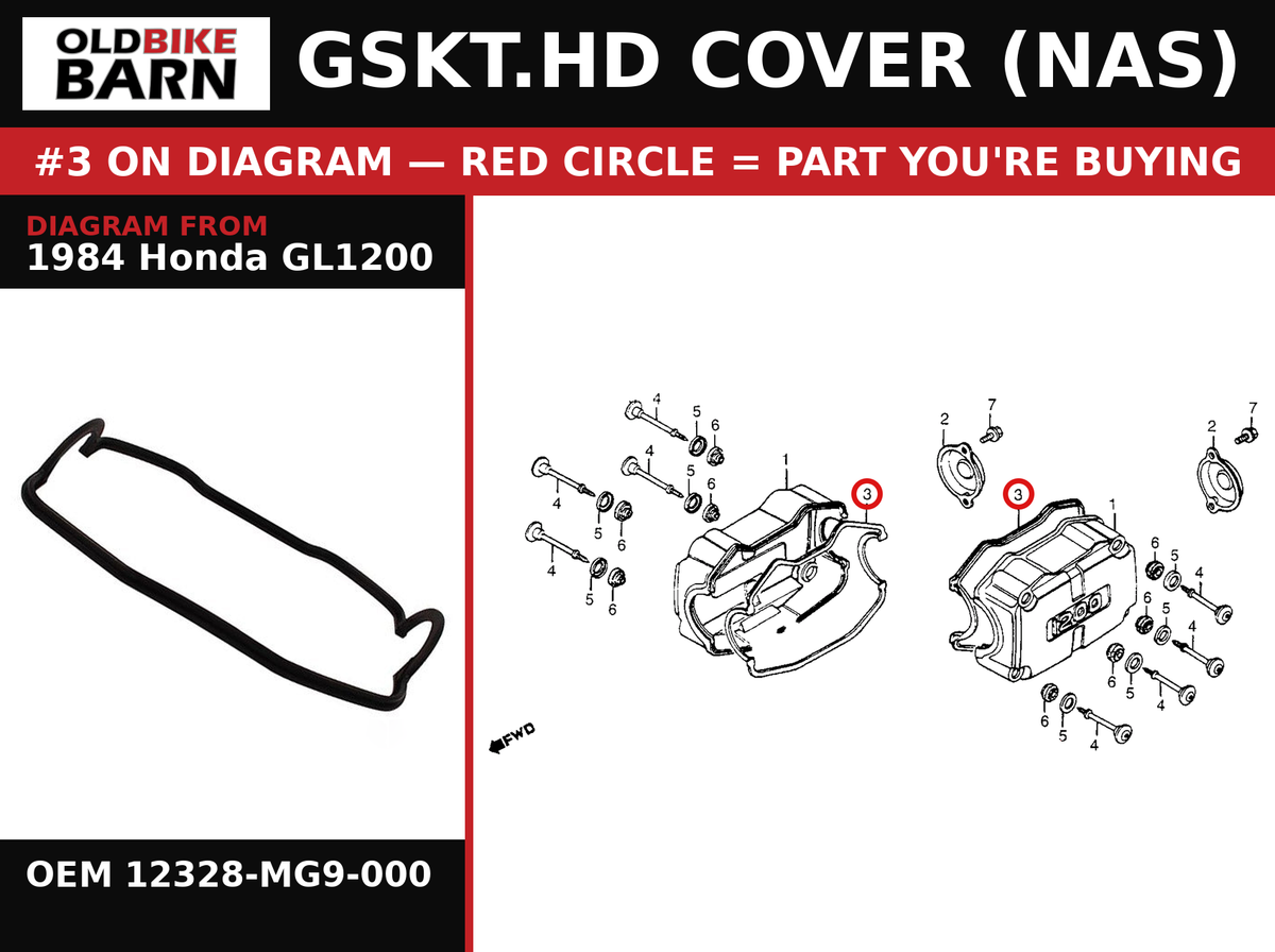 GSKT.HD COVER (NAS) OEM 12328-MG9-000 diagram #3 from 1984 HONDA GL1200 | Old Bike Barn