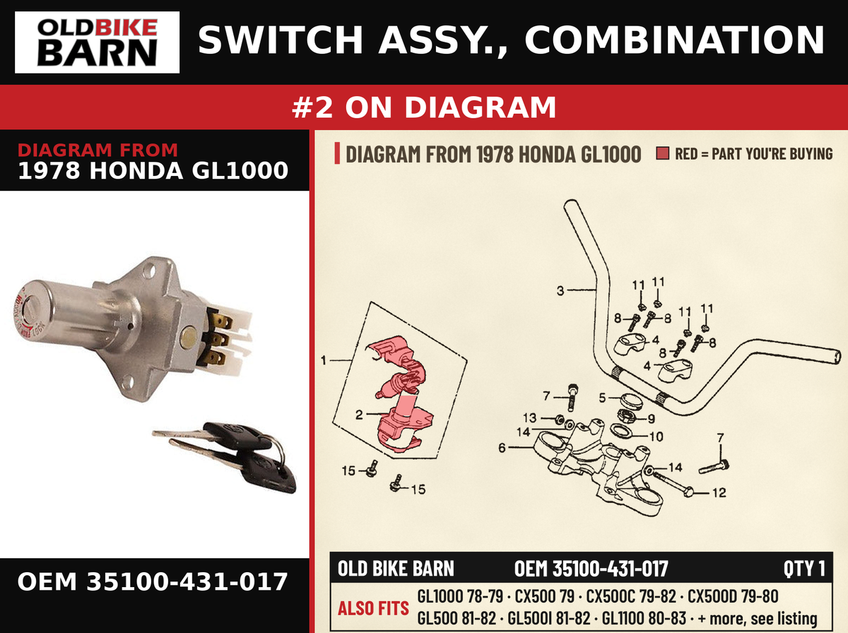 SWITCH ASSY., COMBINATION OEM 35100-431-017 diagram #2 from 1978 HONDA GL1000 | Old Bike Barn